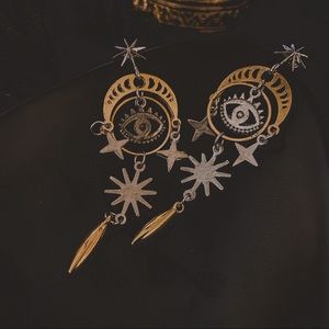 👁‍🗨Moon and Stars Evil Eye Chandelier Earrings👁‍🗨